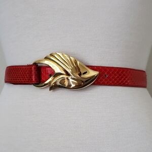 Vintage red leather‎ gold hardware waist belt western art deco boho snake Small